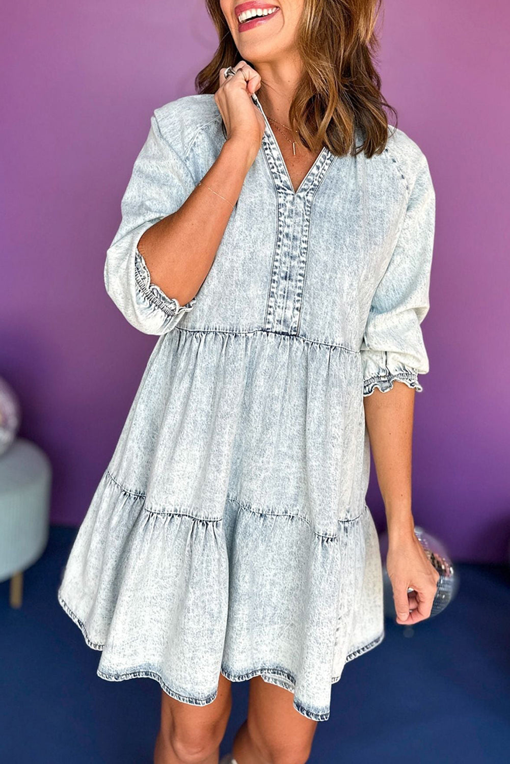 Dusk Blue Acid Wash Retro Half Sleeve Flared Denim Dress - Eloy Royal