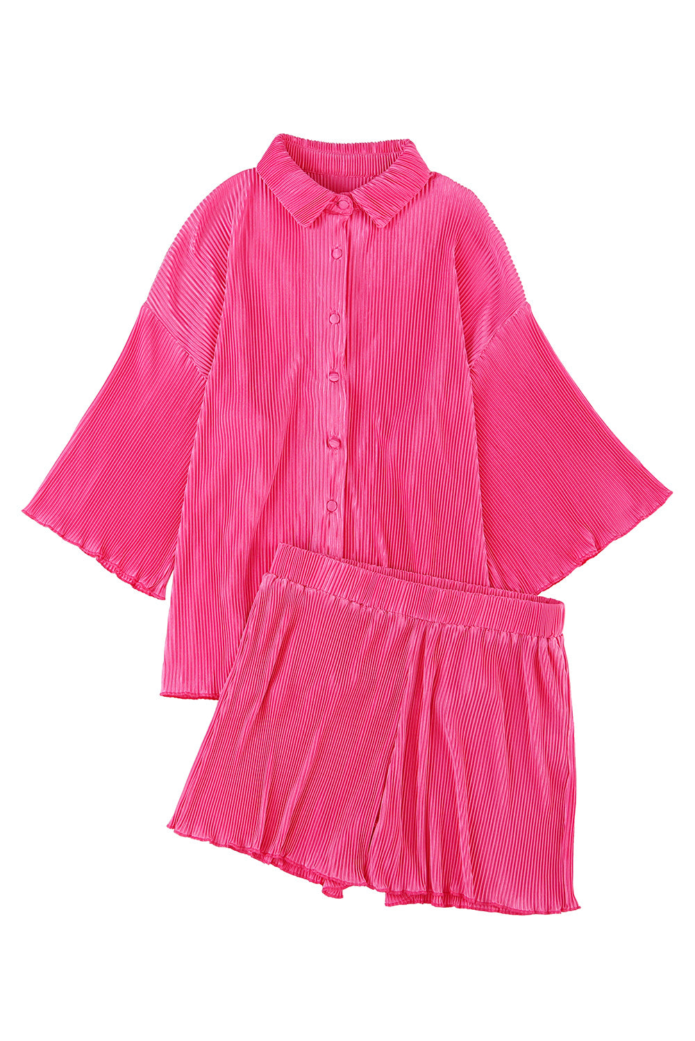 Rose Pleated Button Up Shirt and High Waisted Shorts Loungewear Set - Eloy Royal