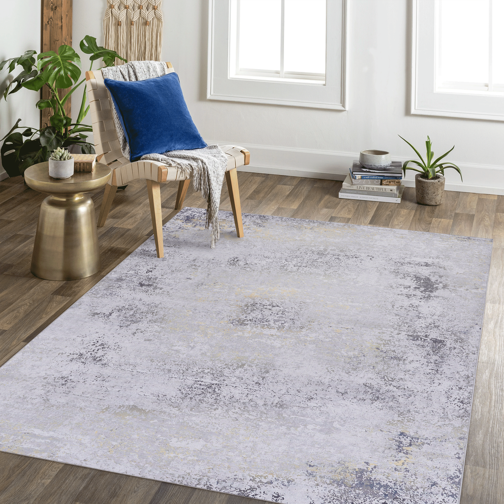 LOOM & LUXE 9x12 Area Rug for Bedroom, Washable Rug, Low-Pile, Non-Slip, Non-Shedding, Foldable, Kid & Pet Friendly - Area Rugs for living room, bedroom, kitchen (Gray/Gold, 9' x 12')