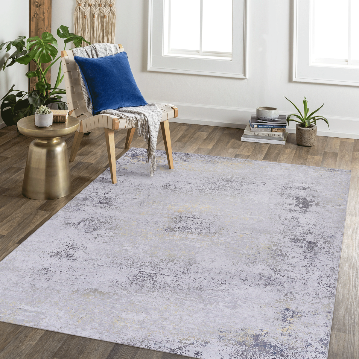 LOOM & LUXE 9x12 Area Rug for Bedroom, Washable Rug, Low-Pile, Non-Slip, Non-Shedding, Foldable, Kid & Pet Friendly - Area Rugs for living room, bedroom, kitchen (Gray/Gold, 9' x 12')