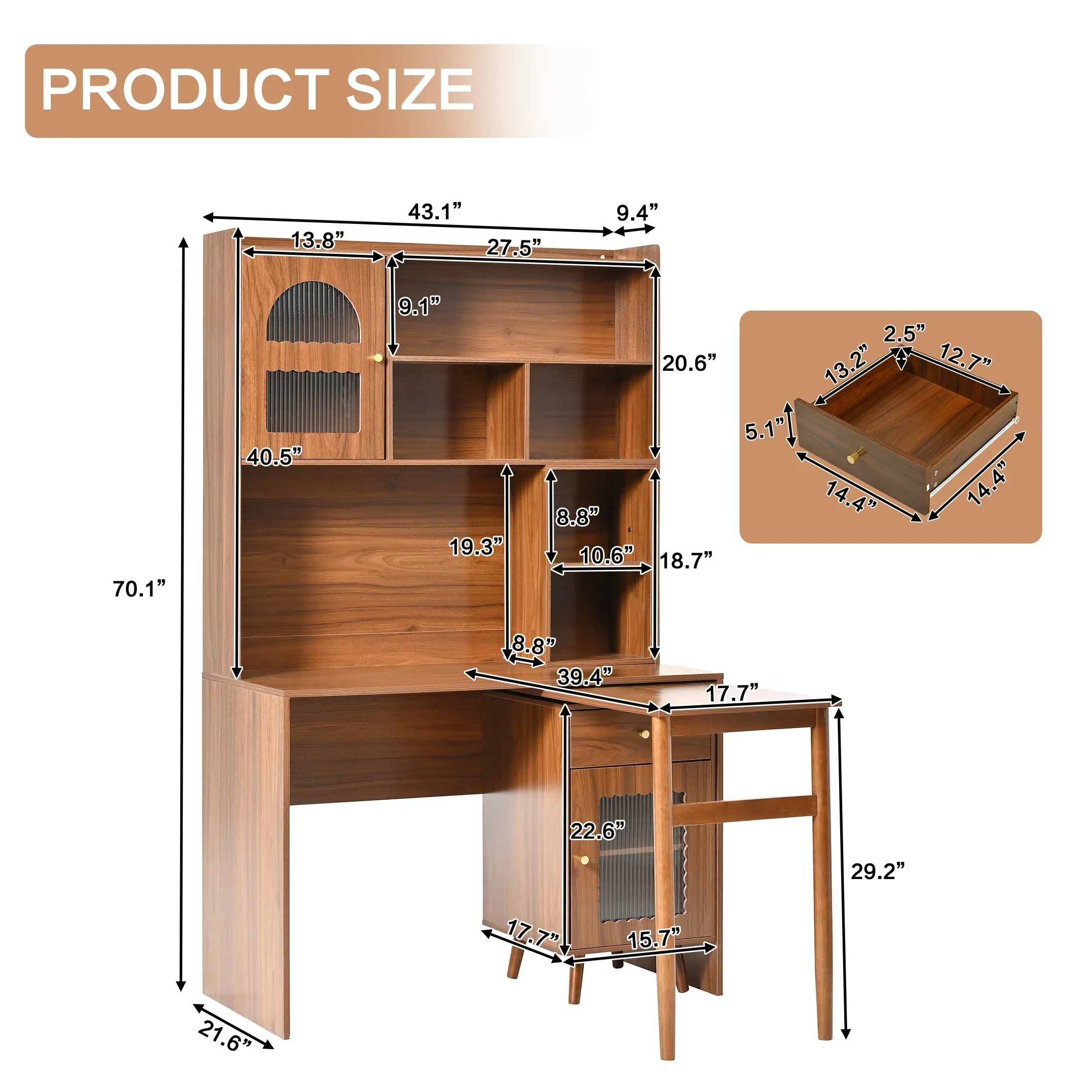 Computer Desk with 90 Degree Rotating Desktop, 43x70 Inch Office Desk with Storage Drawer and Cabinets, Gaming Desk with Shelves, Writing Desk for Study, Work Desk for Home (Old SKU:N733P279101D) - Eloy Royal