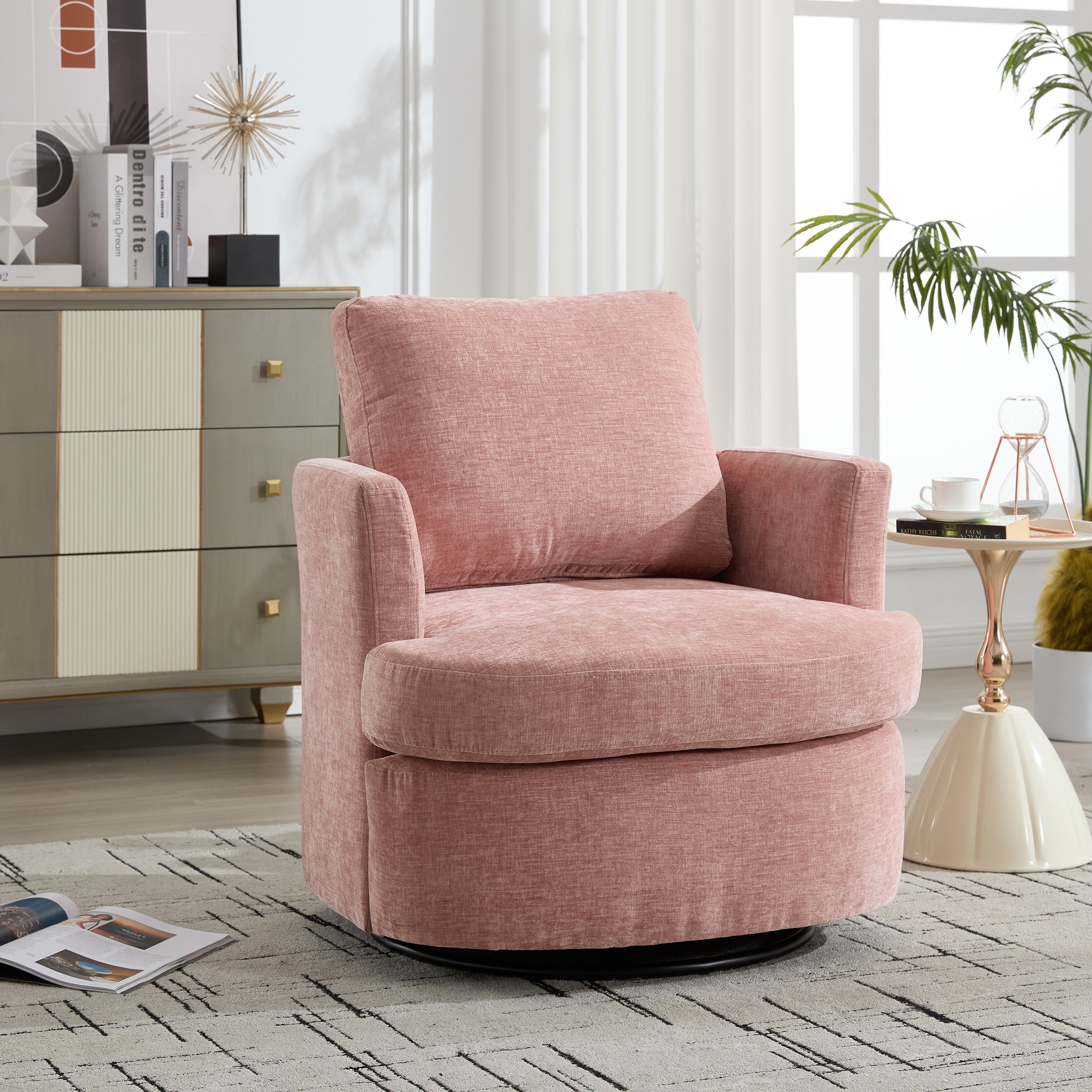 Vanity Chair,Swivel Accent Chair, 360 Degree Round Swivel Barrel Chair, Upholstered Comfy Swivel Chairs for Living Room,Accent Chairs for Bedroom, Reading Room,Powder Room,Pink