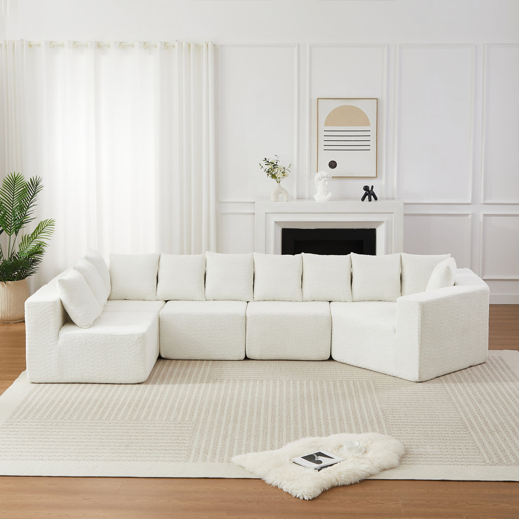 151.6-inch Extra-Large L-Shaped Deep-Seat Modular Sofa Chenille Fabric Sectional Sofa Includes 11 Pillows Curved Recliner Floor-Standing Living Room Sofa No Assembly Required   Beige