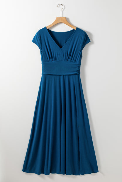 Peacock Blue Deep V Neck Ruched High Waist Maxi Dress - Eloy Royal