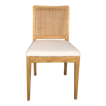 Dining Chair, 100% Cotton Upholstery with Solid Elm Wood and Rattan Back, Natural - Set of Two