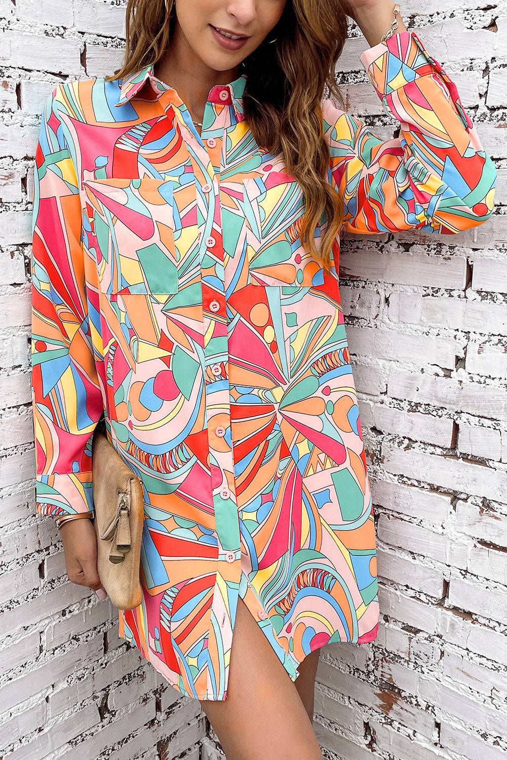 Multicolor Abstract Print Long Sleeve Shirt Dress - Eloy Royal