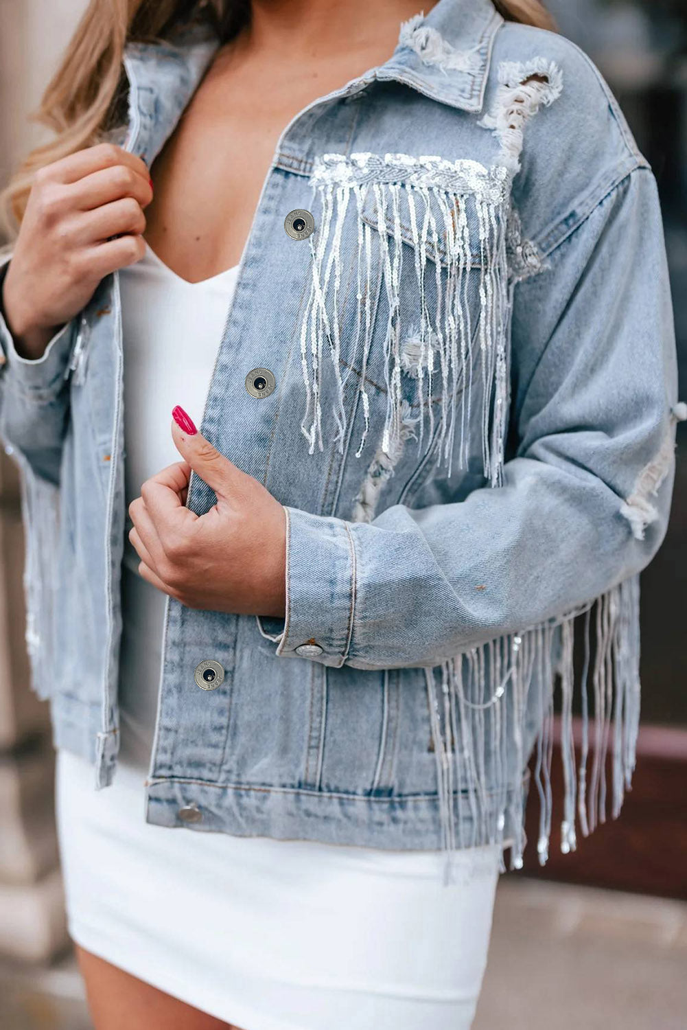 Wholesale Blue Sequined Fringe Distressed Button Up Denim Jacket - Eloy Royal