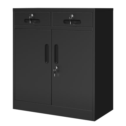 Metal Storage Cabinet with Lock and Two Drawers, 2-Door Office Storage Cabinet with 1 Adjustable Shelves, Heavy Duty Steel File Cabinet for Home, Office, Garage, School (Black, 35.5'H)
