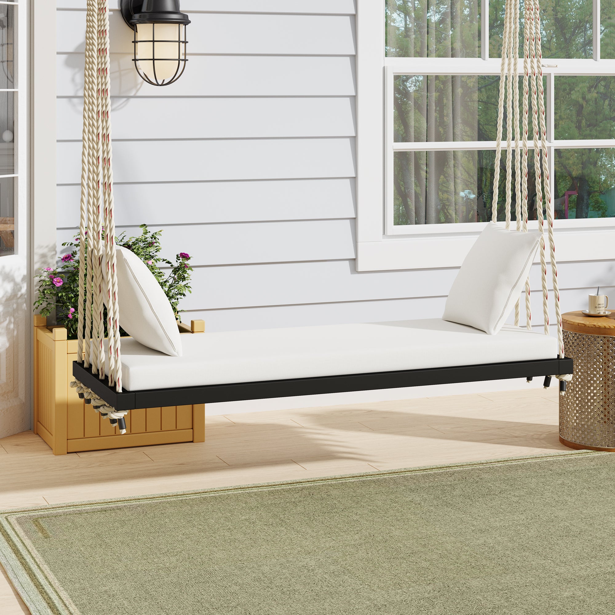 TOPMAX Patio Wooden Swing Chair, Hanging Porch Swing Bench with Cushion&Pillows, 10.8Ft Hemp Ropes for Garden,Backyard, Lawn,Black