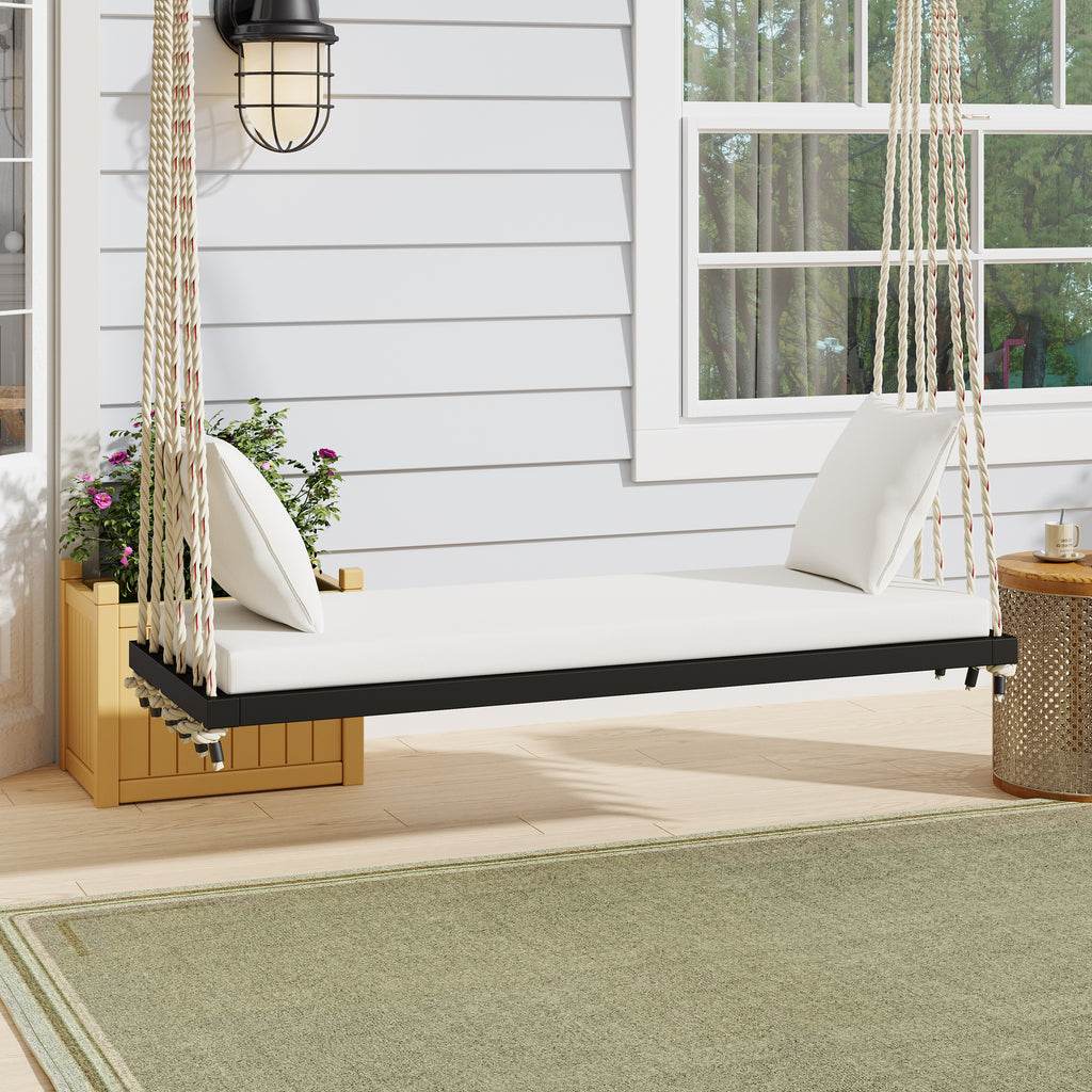 TOPMAX Patio Wooden Swing Chair, Hanging Porch Swing Bench with Cushion&Pillows, 10.8Ft Hemp Ropes for Garden,Backyard, Lawn,Black