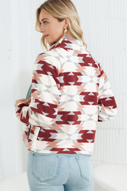 Wholesale Red Geometric Snap Buttoned Zipper Pockets Fleece Jacket - Eloy Royal