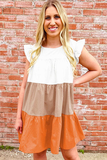 Apricot Ruffle Color Block Tiered Mini Dress