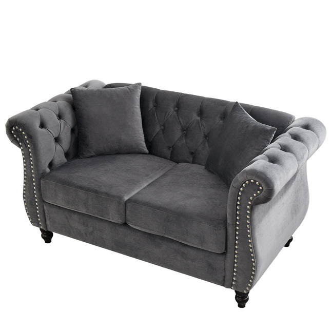 Grey Velvet 2-Seater Chesterfield Sofa with Rolled Arms and Nailhead Trim, Tufted Couch for Living Room, Bedroom, Office, Apartment, Includes 2 Pillows