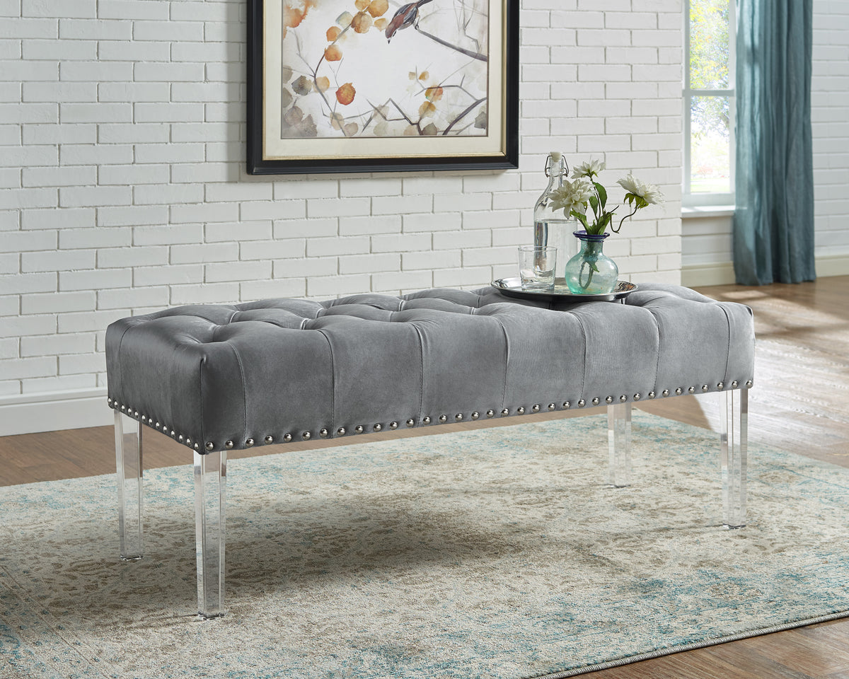 Valley Button Tufted Velvet Upholstered Bench with Acrylic Leg, Gray