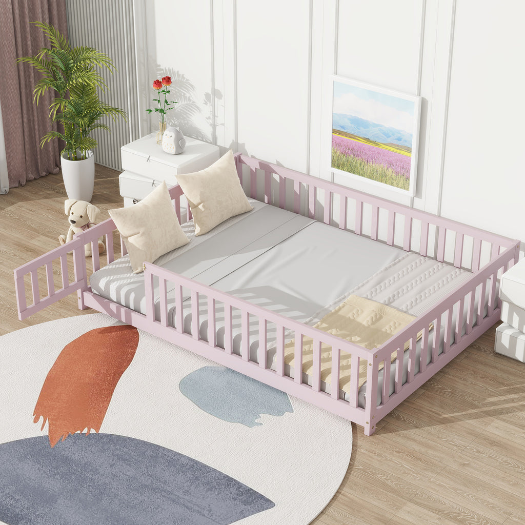 Full Size Floor Bed with Fence and Door,Rubber Wood Floor Bed with Safety Guardrails,Pink