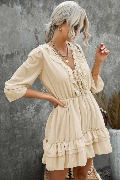 Beige Lacy V Neck Ruffled Mini Dress