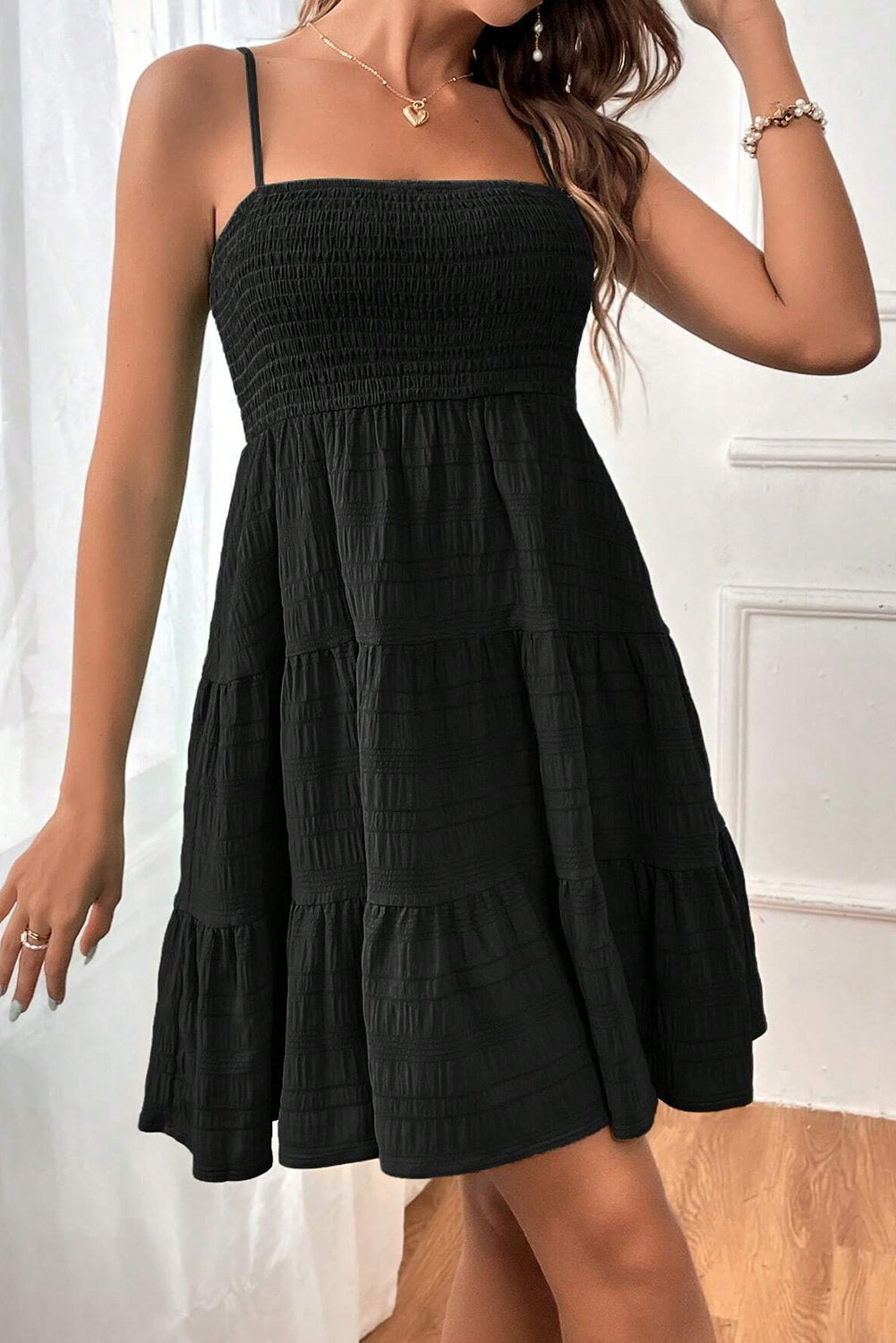 Black Smocked Textured Tiered Skater Cami Dress - Eloy Royal