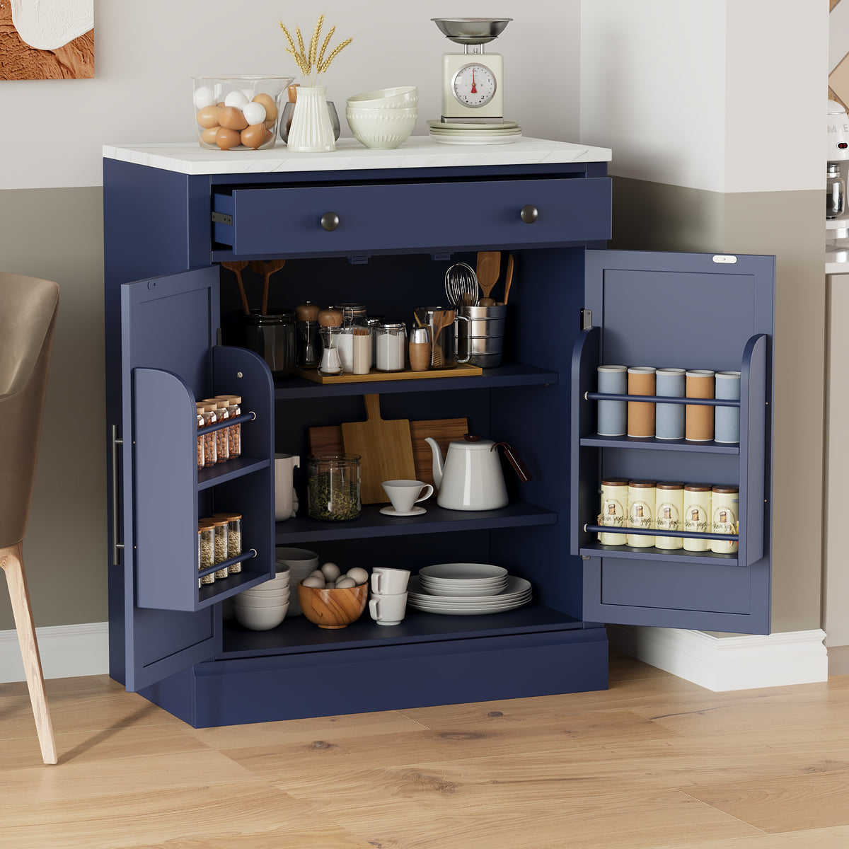 [Assembly Video Provided] TOPMAX Modern Freestanding Kitchen Pantry,Buffet Food Storage, Coffee Bar Cabinet with Drawer, 2 Adjustable Shelves and 2 Door Shelves for Dining, Kitchen, Blue
