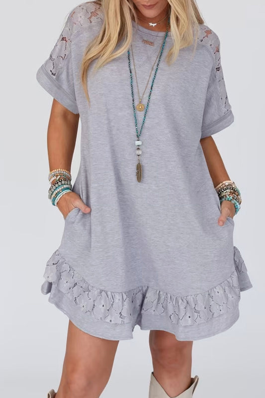 Light Grey Lace Splicing Ruffled Mini T-shirt Dress - Eloy Royal