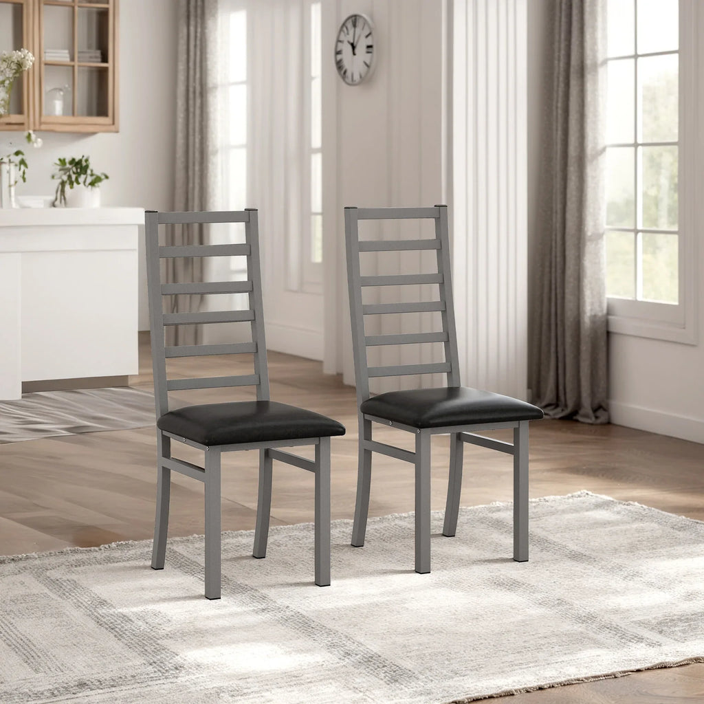 Grey Metal Dining Chairs Set of 2 with Steel Legs and PU Leather Seats, High Back Armless Design for Kitchen or Living Room - Eloy Royal