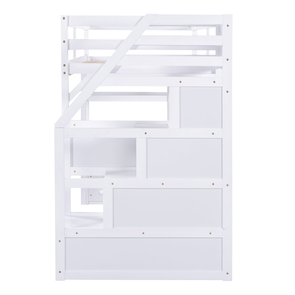 Twin Size Loft Bed with Desk and Shelves  Two Built-in Drawers  Storage Staircase White