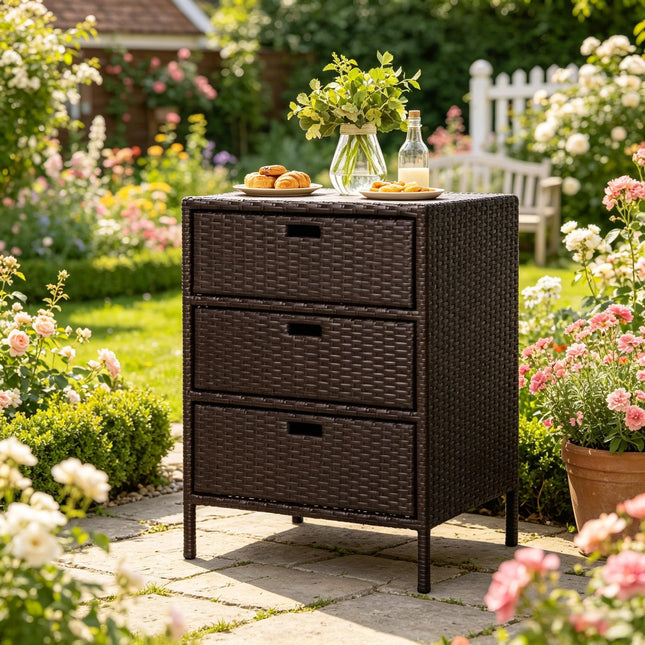 Outdoor Towel Rack,3 Drawers Cabinet Organizer,Rattan Storage Cabinet