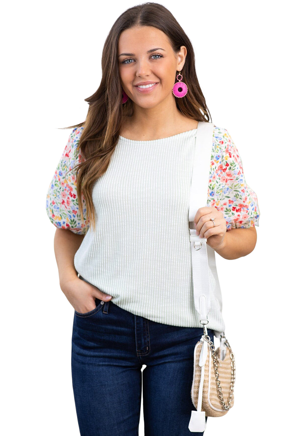 White Contrast Floral Puff Sleeve Ribbed Plus Size Blouse - Eloy Royal