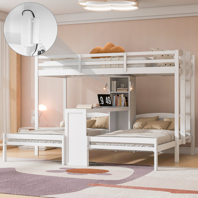 Twin over Twin&Twin Bunk Bed with Built-in Desk and Storage Shelves with