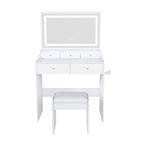 Modern White Vanity Desk with Large Mirror, Power Outlet & Hair Dryer Holder, Adjustable Lighting, 5 Drawers