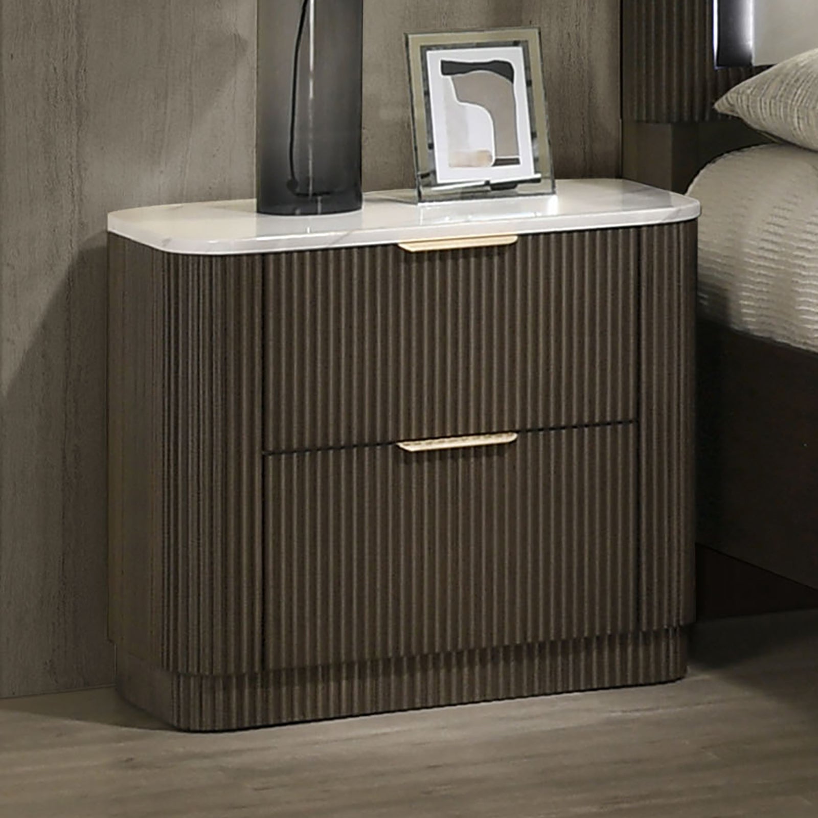 Contemporary Style 1pc Nightstand Marble Top Plinth Base Metal Slide Glides Dark Walnut Finish Bedroom Furniture