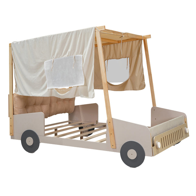 Wooden Twin Car-Shaped Bed with Pillow and Ceiling Cloth, Natural