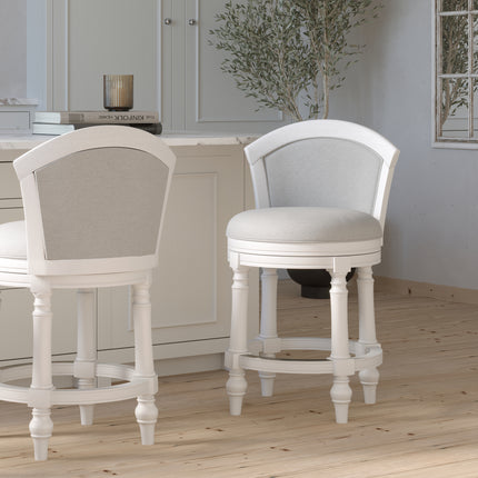26' Wood Barrel-Back Counter-Height Bar Stool with Swivel and Upholstered Seat and Back, Farmhouse White with Light Gray Seat and Back, 1PC