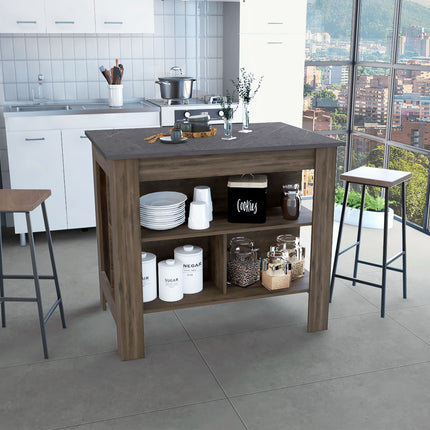 Kitchen Island, kitchen table 35' H, Four Legs, Three Open Storage Shelves, Dark Brown / Onix
