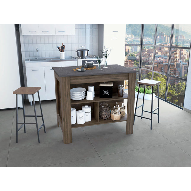 Kitchen Island, kitchen table 35' H, Four Legs, Three Open Storage Shelves, Dark Brown / Onix