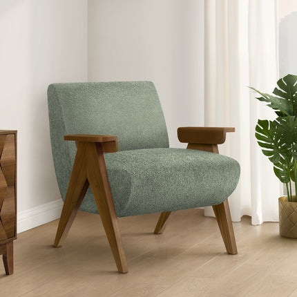 Accent Chair, 31'h, Upholstered, Living Room, Bedroom, Green Fabric, Brown Walnut Solid Wood, Modern, Mid Century
