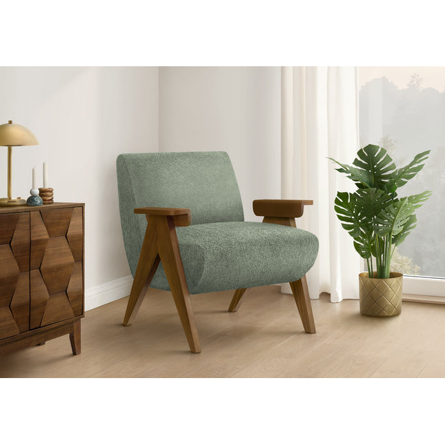 Accent Chair, 31'h, Upholstered, Living Room, Bedroom, Green Fabric, Brown Walnut Solid Wood, Modern, Mid Century