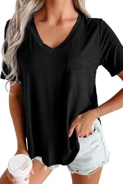 Black Solid Color V Neck Pocket Rounded Hem Tee - Eloy Royal