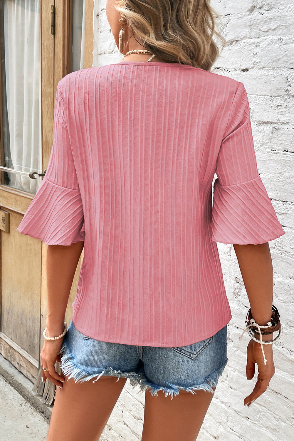 Peach Blossom Ruffled Short Sleeve V Neck Textured Shirt - Eloy Royal