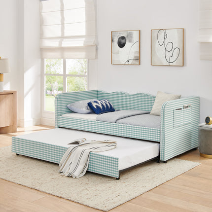 Twin‑Size Daybed, Gingham Upholstered 3‑in‑1 Versatile Convertible Sofa Bed with Pull‑Out Trundle & Side Storage Pockets, Ideal for Multiple Room Layouts and Small‑Space Living-CYAN