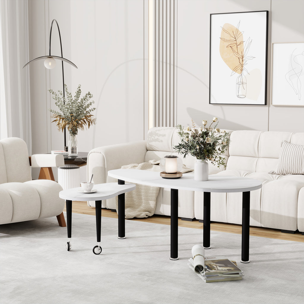 Contemporary rotatable cocktail table with solid rubber wood legs, 360 degree rotating coffee table with 6mm white sintered stone tabletop for living room, bedroom, Balcony, home office