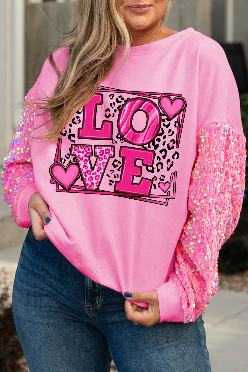 Wholesale Pink Plus Size Leopard LOVE Graphic Sequin Sleeve Sweatshirt - Eloy Royal