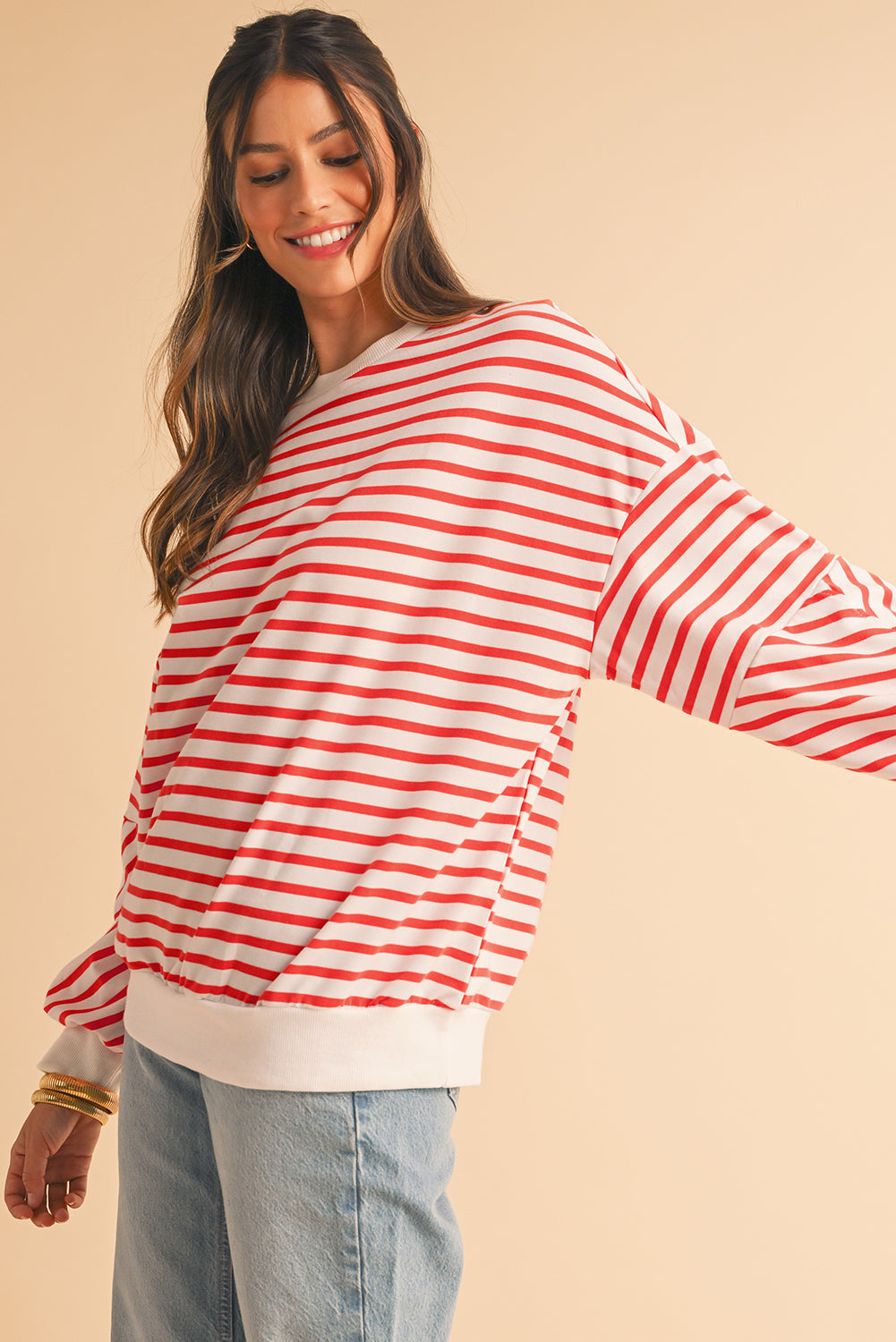 Blue Stripe Drop Shoulder Crew Neck Loose Sweatshirt