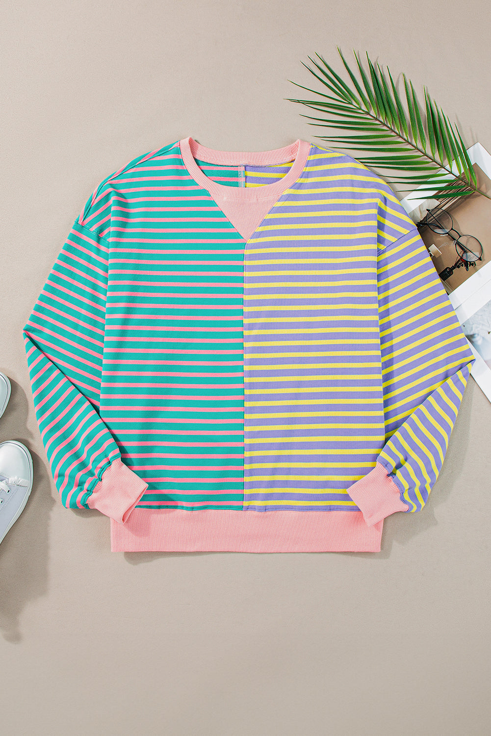 Brown Stripe Colorblock Drop Shoulder Oversize Sweatshirt