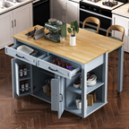 K&K 47 inch Kitchen Island with Extendable Dining Table, Rubber Wood Veneer Kitchen Table with Internal Storage Rack, Power Outlet, Kitchen island with Storage 2 Drawers 2 Cabinet,Grey Blue