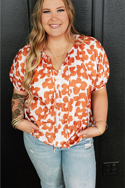 Orange Plus Size 60s Floral Print Drawstring V Neck Short Sleeve Blouse - Eloy Royal