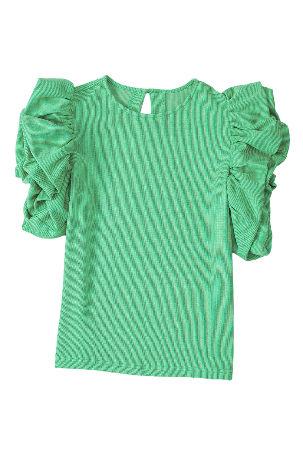 Green Solid Color Ruffle Sleeve Ribbed Blouse - Eloy Royal