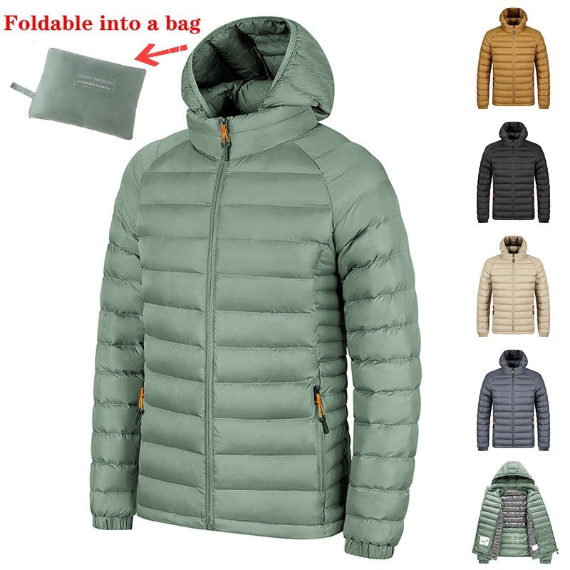 Winter Lightweight Hooded Coat With Pockets Fashion Warm Portable Zipper Jacket For Men Clothing Solid Color Outerwear Tops