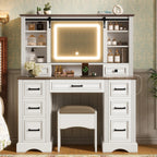 47.2' Farmhouse Makeup Vanity Desk with Sliding Mirror, Large Vanity Set with LED Lights, Dressing Table with Storage Stool and 9 Drawers, Ample Storage, White and Brown - Eloy Royal