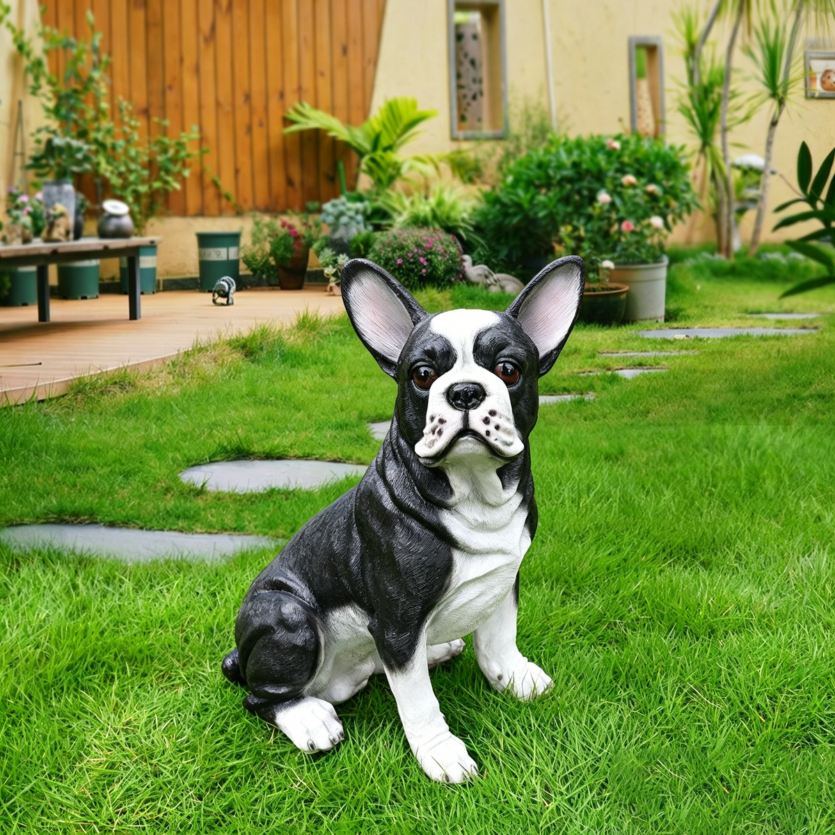 Lifelike French Bulldog Statue, Realistic Resin Animal Figurine for Indoor Outdoor Garden Lawn Yard Home Decor, Art Craft Gift, Black+White
