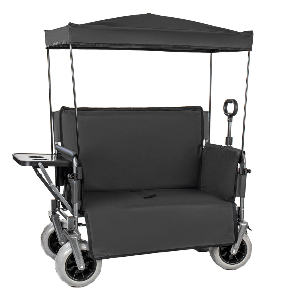 3-in-1 Collapsible Wagon Converts to Bench Convertible Folding Wagon Cart with Canopy &Rear-Mounted Folding Tabletop, 500lbs Heavy-Duty, 180L Capacity for Camping, Beach, Garden, Fishing-Black